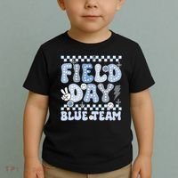Field Day Blue Team Groovy Smile Face Checkered Students Toddler T-Shirt thumb 2