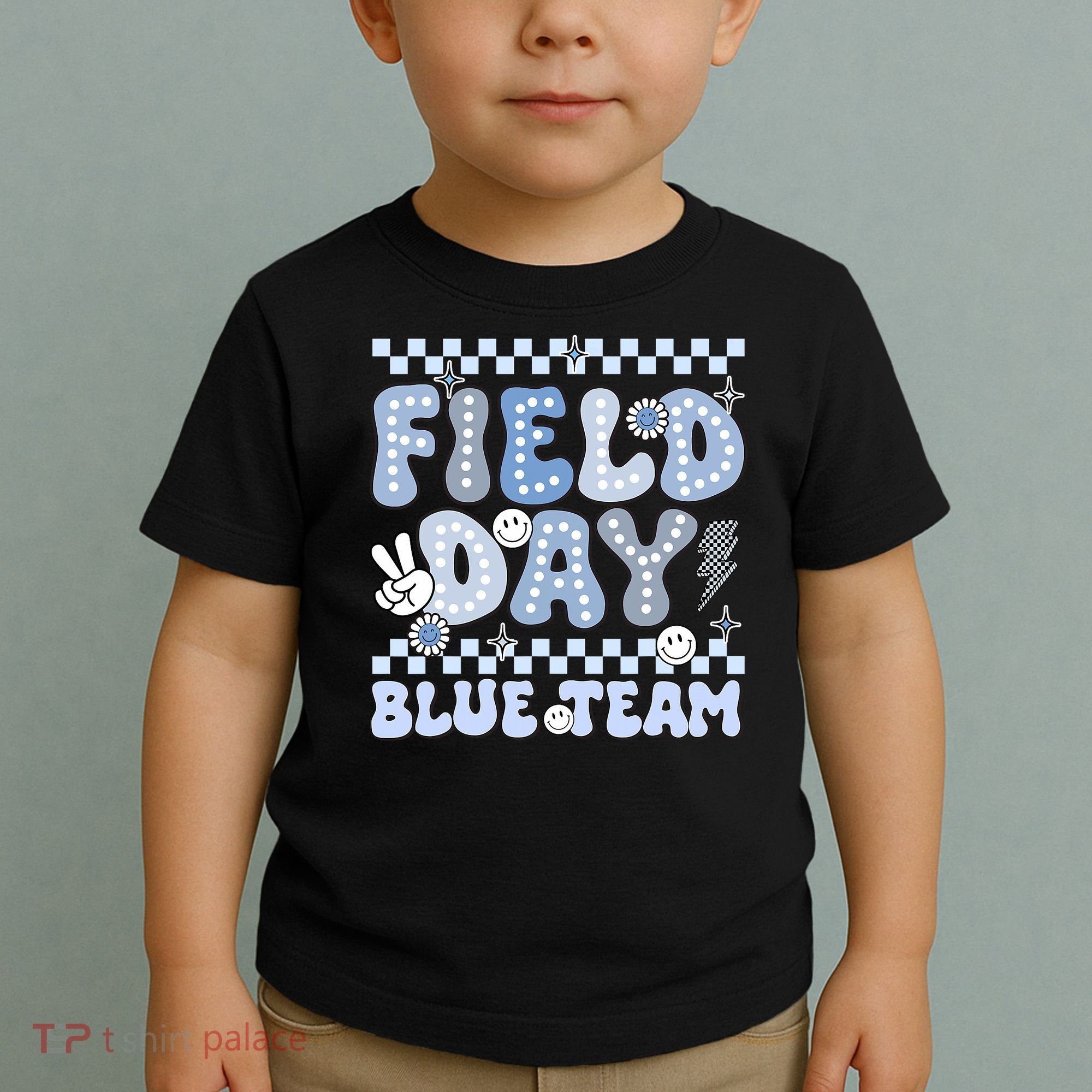 Field Day Blue Team Groovy Smile Face Checkered Students Toddler T-Shirt