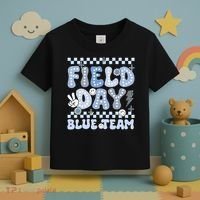 Field Day Blue Team Groovy Smile Face Checkered Students Toddler T-Shirt thumb 3