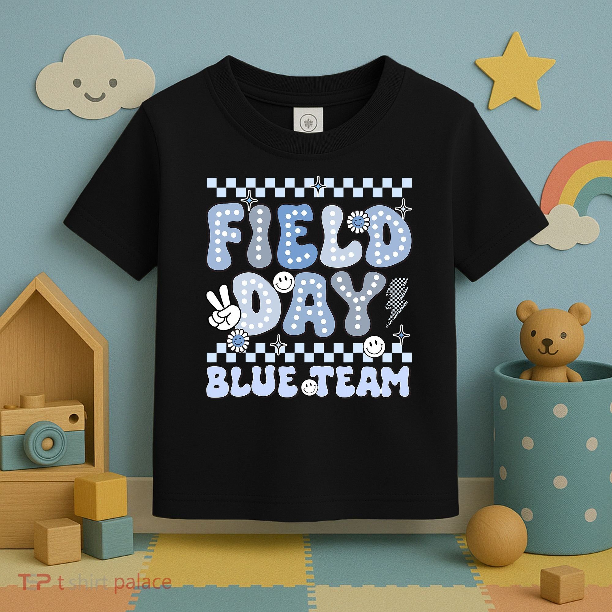 Field Day Blue Team Groovy Smile Face Checkered Students Toddler T-Shirt