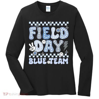 Field Day Blue Team Groovy Smile Face Checkered Students Women's Long Sleeve Shirt