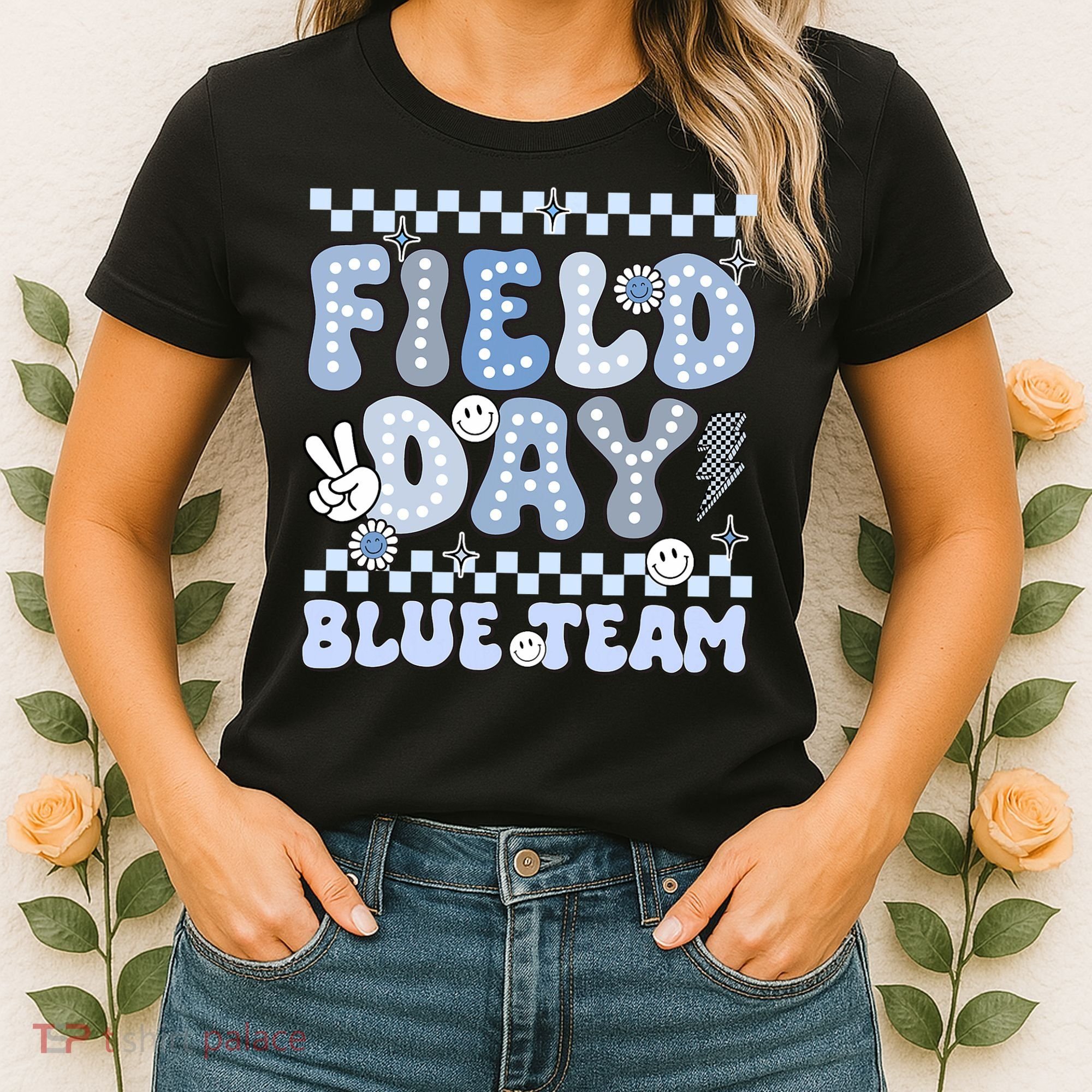 Field Day Blue Team Groovy Smile Face Checkered Students Women's T-Shirt