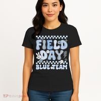 Field Day Blue Team Groovy Smile Face Checkered Students Women's T-Shirt thumb 4