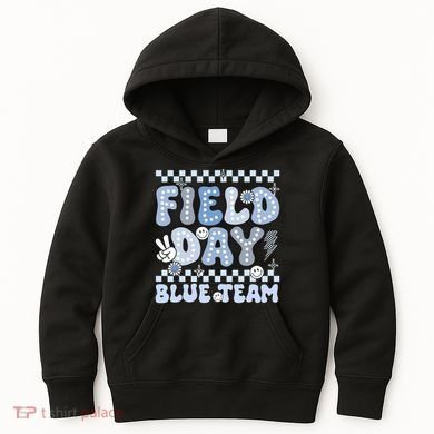 Field Day Blue Team Groovy Smile Face Checkered Students Kids Hoodie
