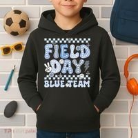 Field Day Blue Team Groovy Smile Face Checkered Students Kids Hoodie thumb 2