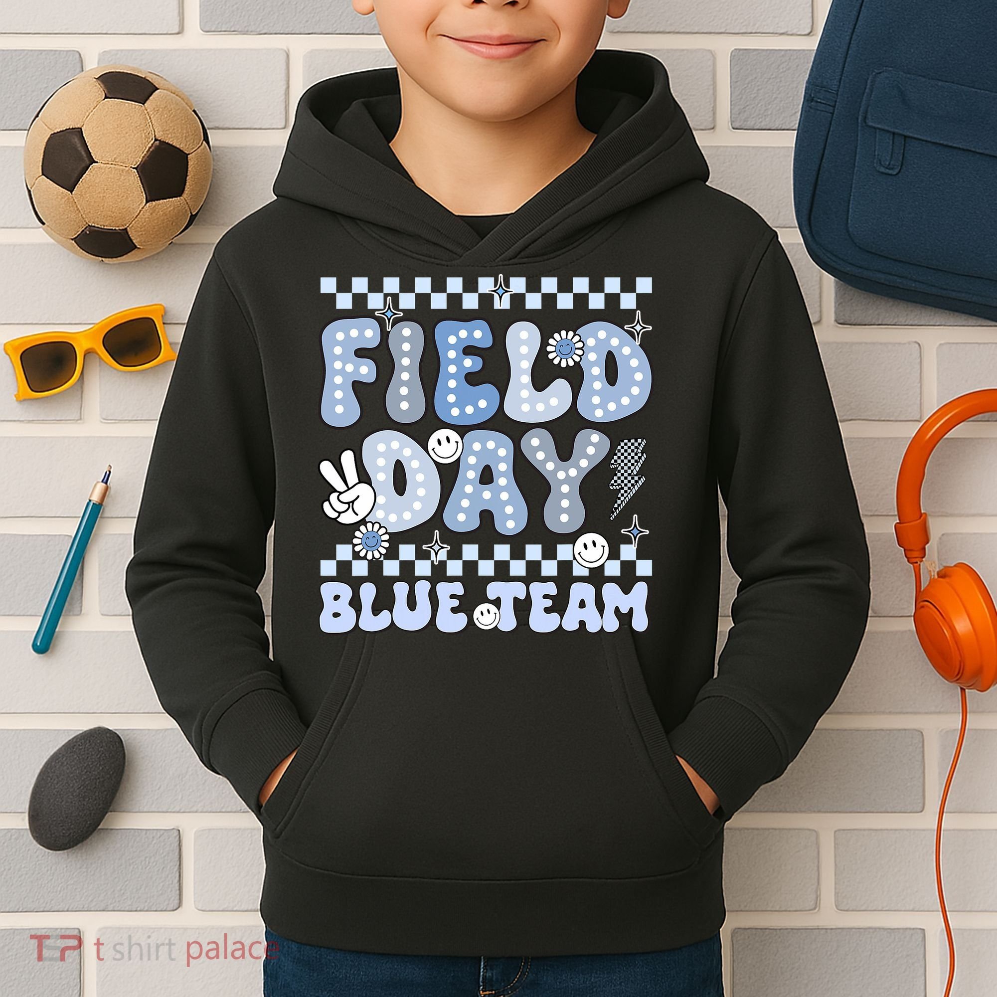 Field Day Blue Team Groovy Smile Face Checkered Students Kids Hoodie