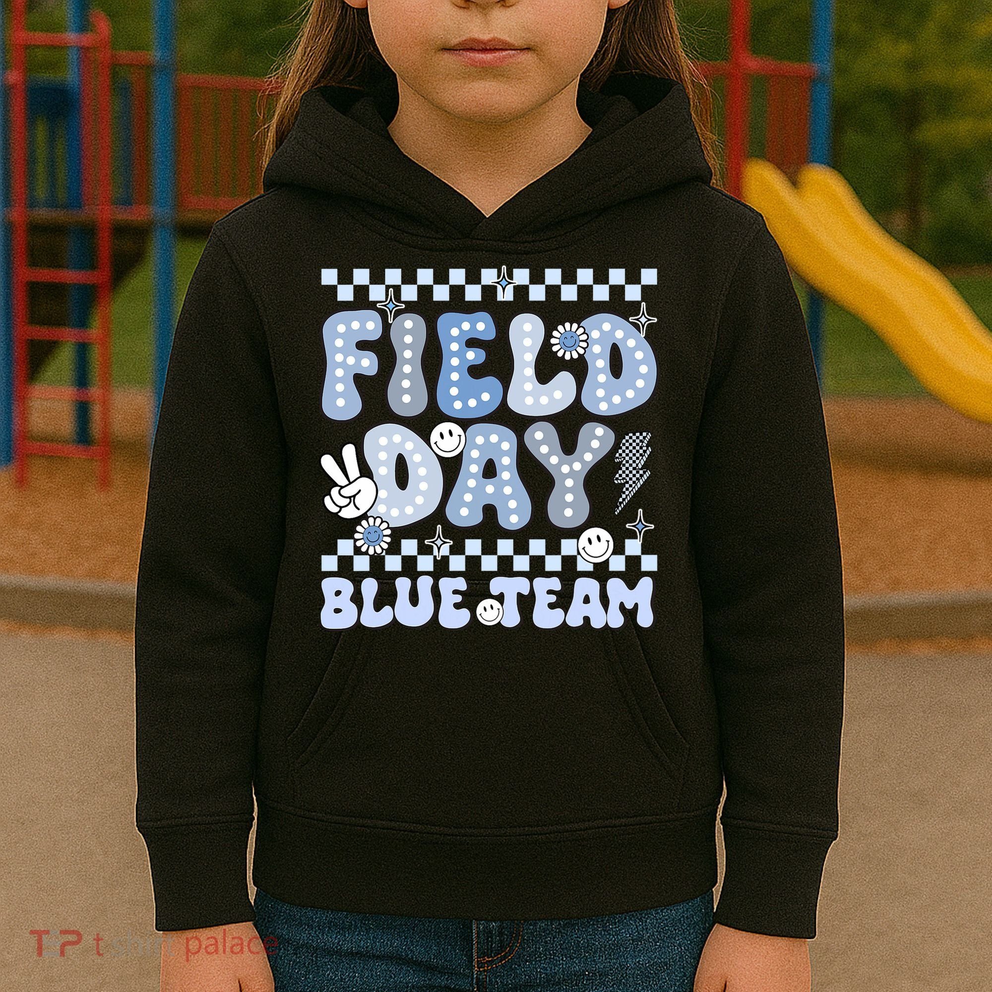 Field Day Blue Team Groovy Smile Face Checkered Students Kids Hoodie