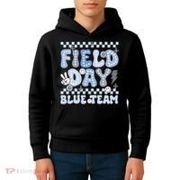 Field Day Blue Team Groovy Smile Face Checkered Students Kids Hoodie thumb 4