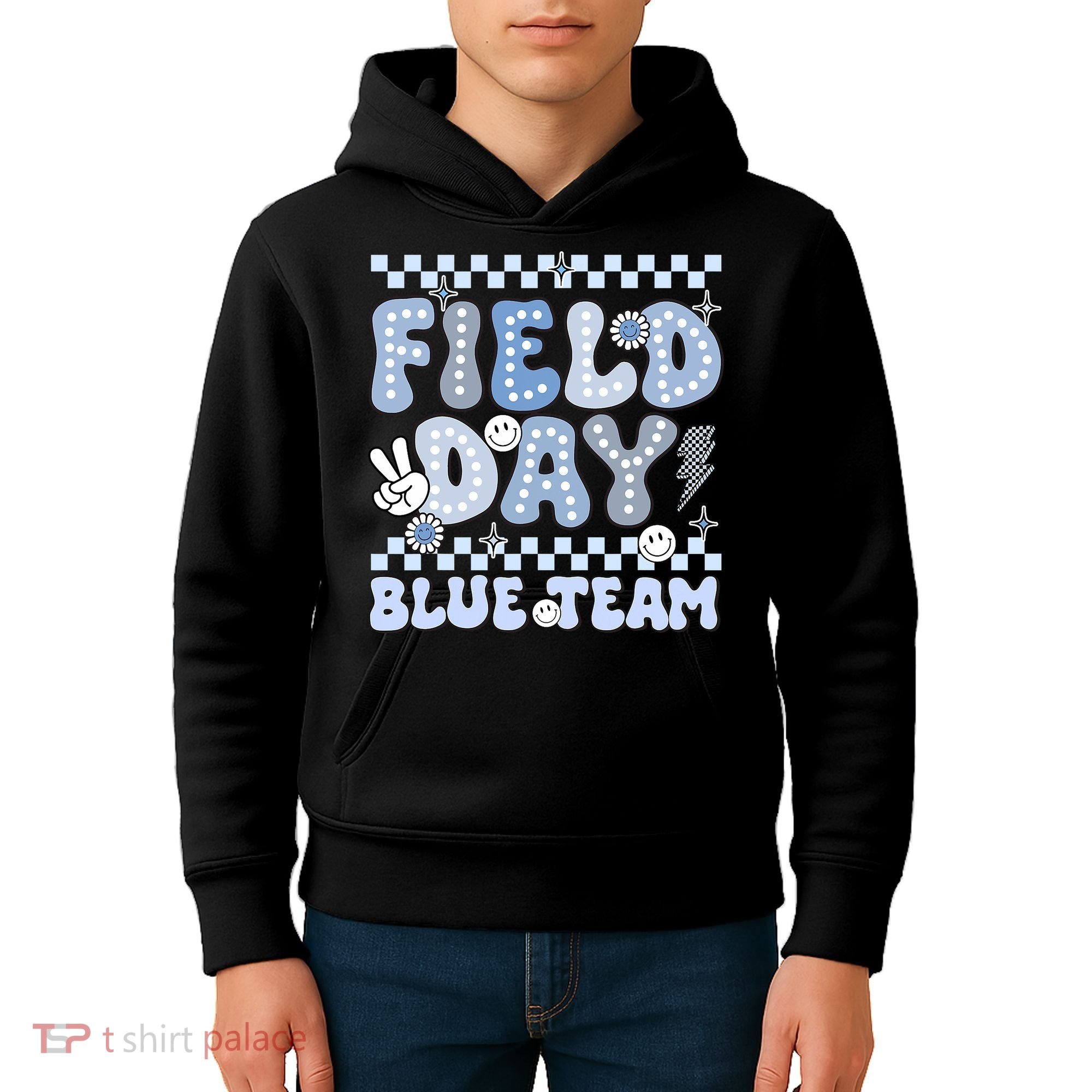 Field Day Blue Team Groovy Smile Face Checkered Students Kids Hoodie