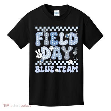 Field Day Blue Team Groovy Smile Face Checkered Students Kids T-Shirt