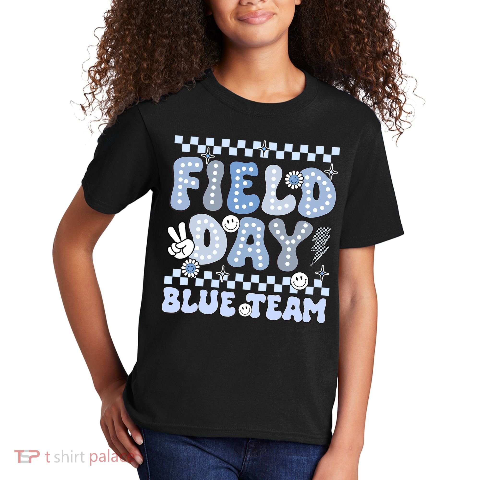 Field Day Blue Team Groovy Smile Face Checkered Students Kids T-Shirt