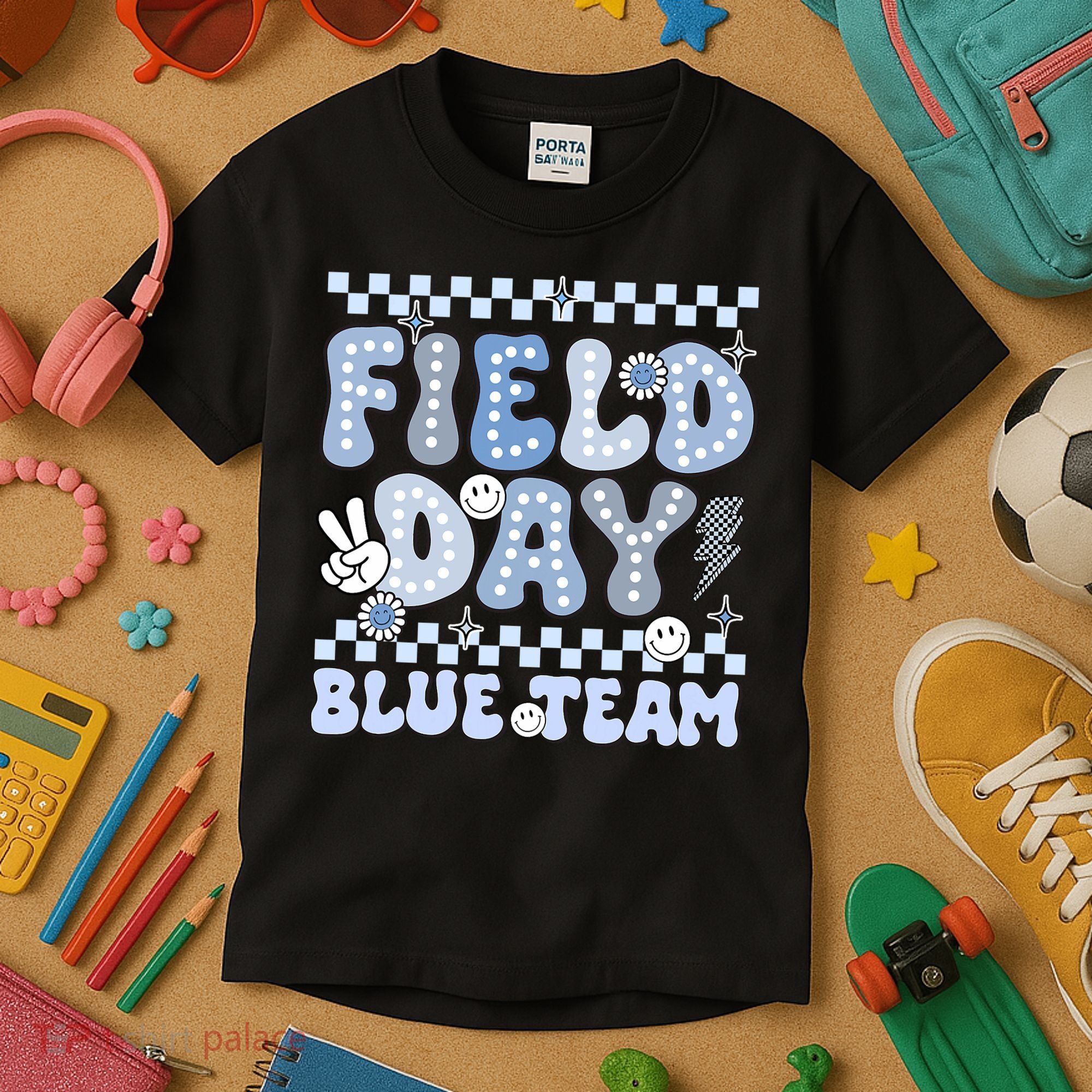 Field Day Blue Team Groovy Smile Face Checkered Students Kids T-Shirt