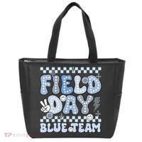 Field Day Blue Team Groovy Smile Face Checkered Students Tote Bag thumb 0