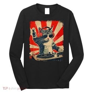 Funny Dj Cat Disco Sound Tech Headphone Music Long Sleeve Shirt