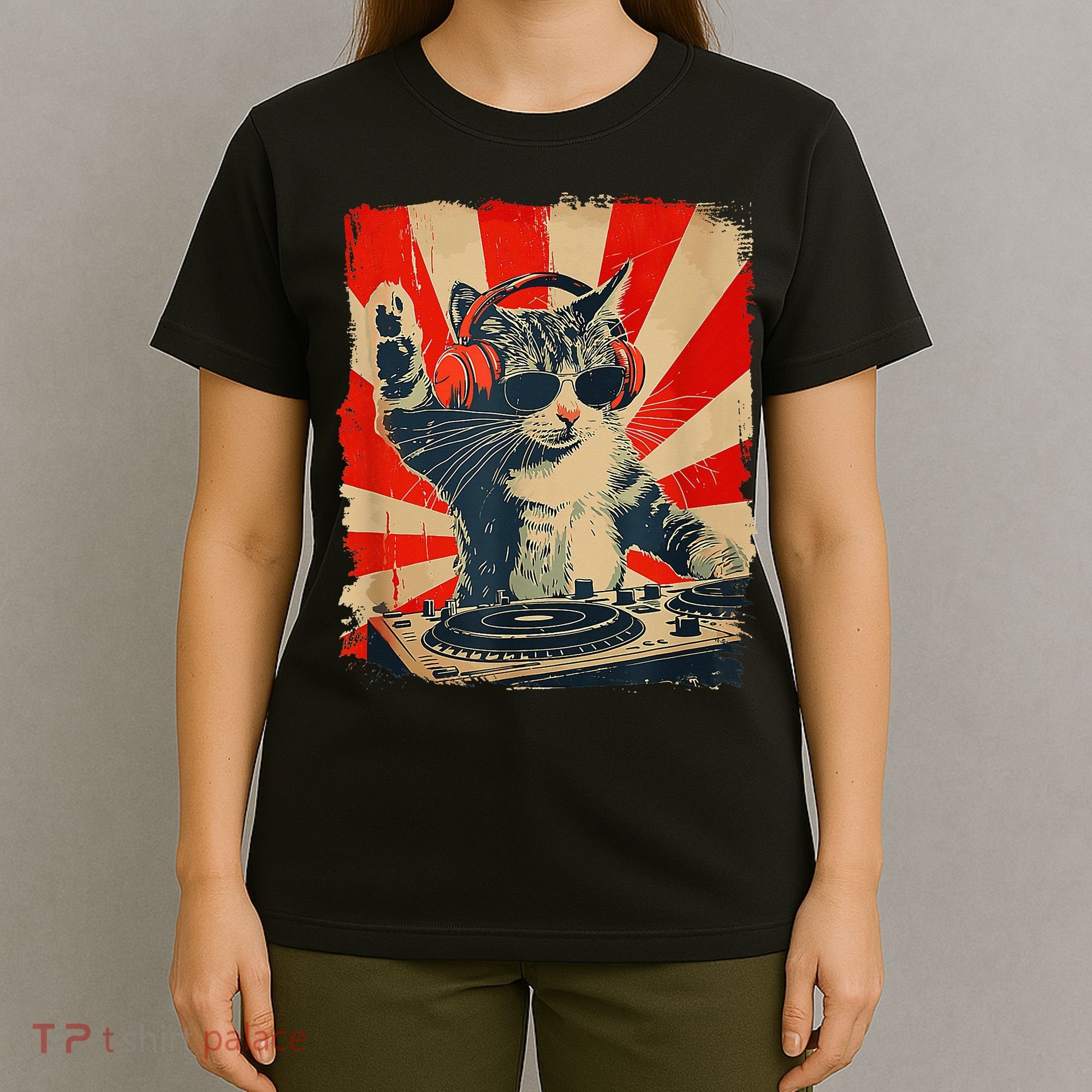Funny Dj Cat Disco Sound Tech Headphone Music T-Shirt