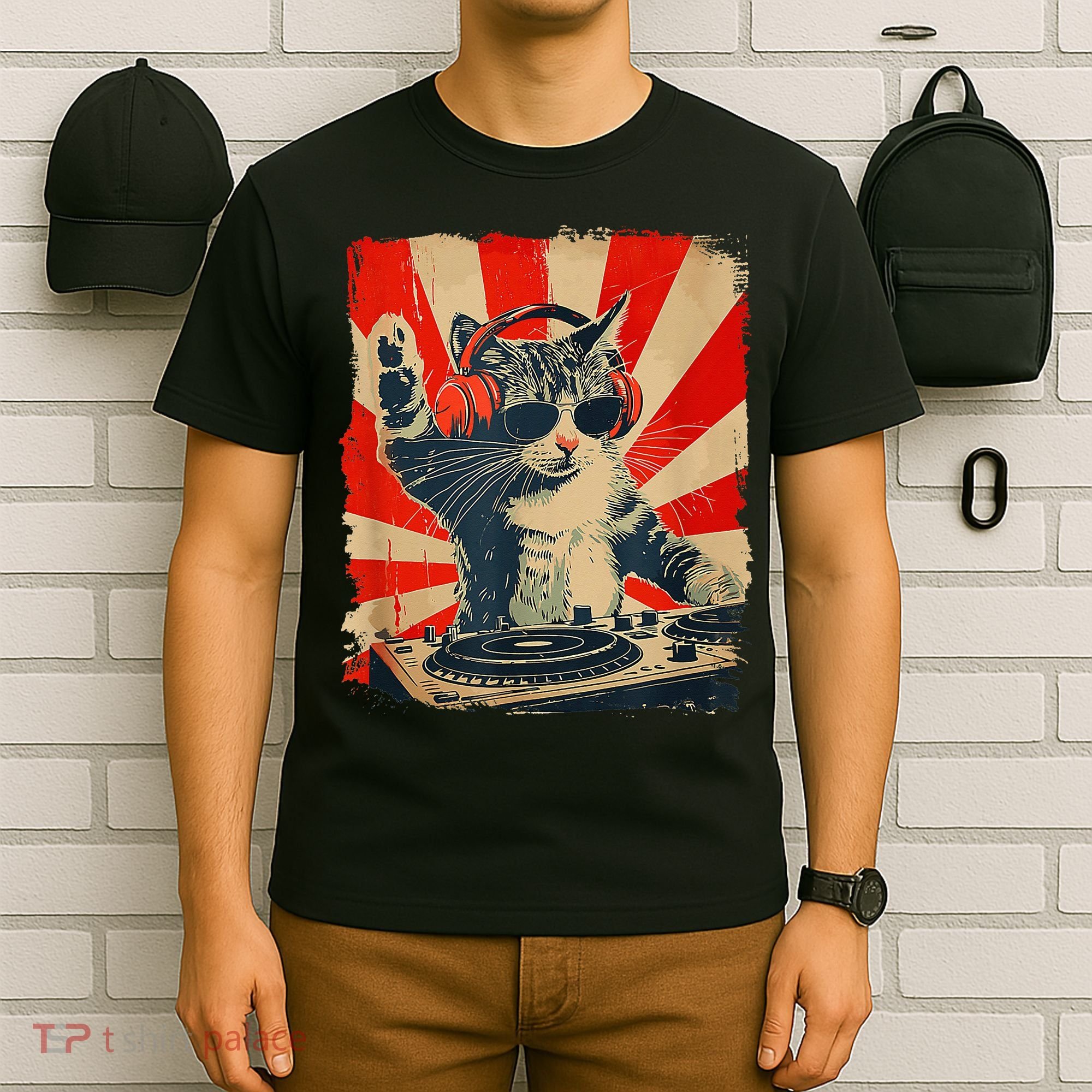 Funny Dj Cat Disco Sound Tech Headphone Music T-Shirt