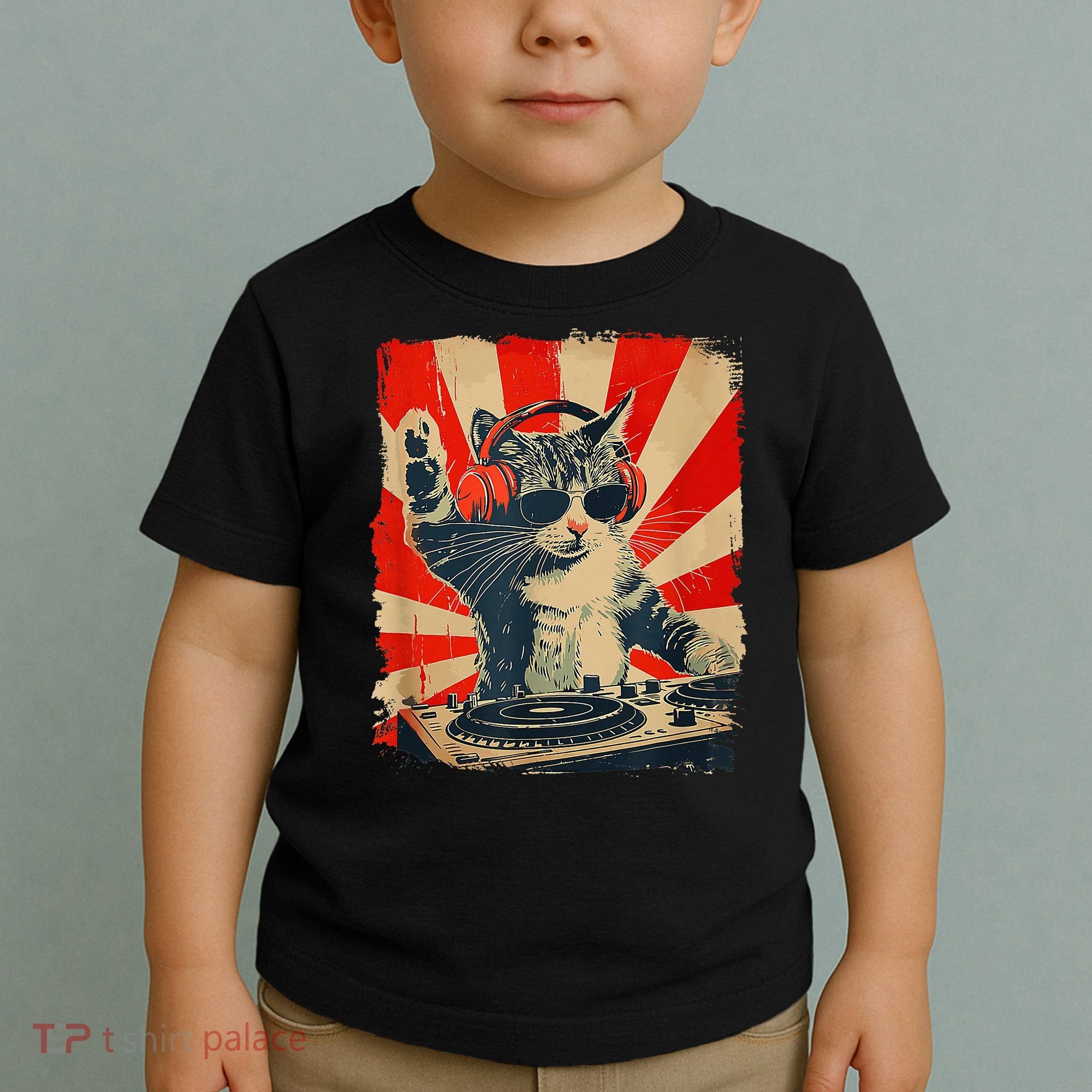 Funny Dj Cat Disco Sound Tech Headphone Music Toddler T-Shirt