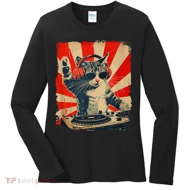 Funny Dj Cat Disco Sound Tech Headphone Music Women's Long Sleeve Shirt
