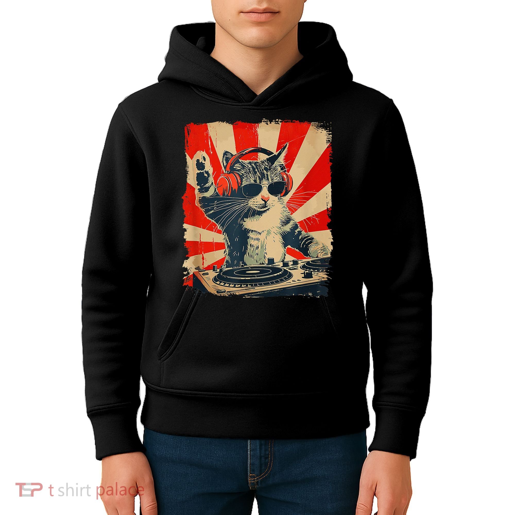 Funny Dj Cat Disco Sound Tech Headphone Music Kids Hoodie