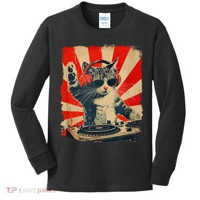 Funny Dj Cat Disco Sound Tech Headphone Music Kids Long Sleeve Shirt