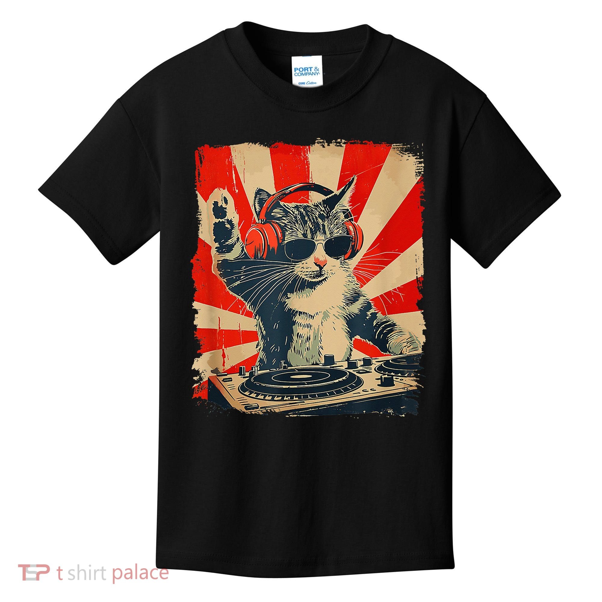 Funny Dj Cat Disco Sound Tech Headphone Music Kids T-Shirt