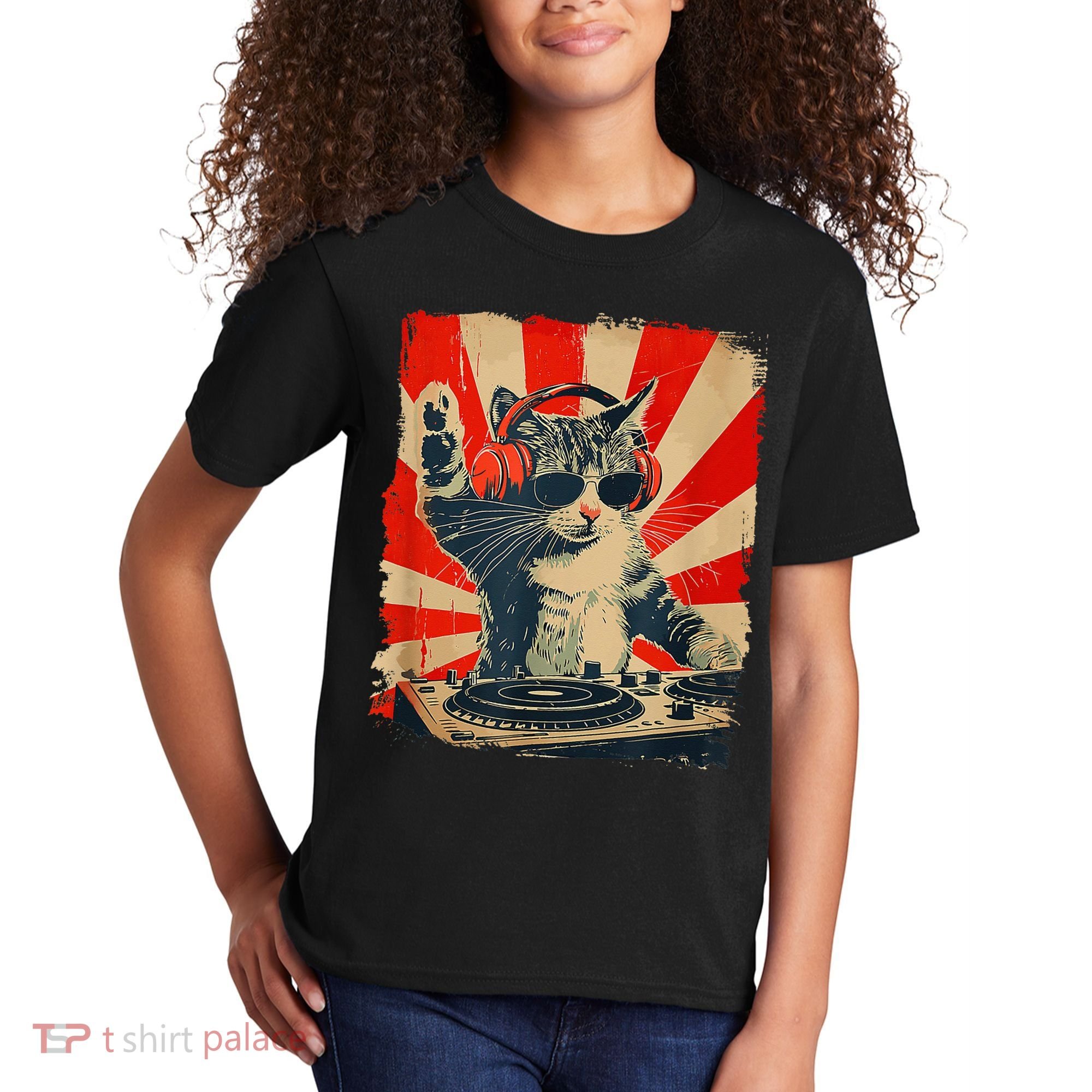 Funny Dj Cat Disco Sound Tech Headphone Music Kids T-Shirt