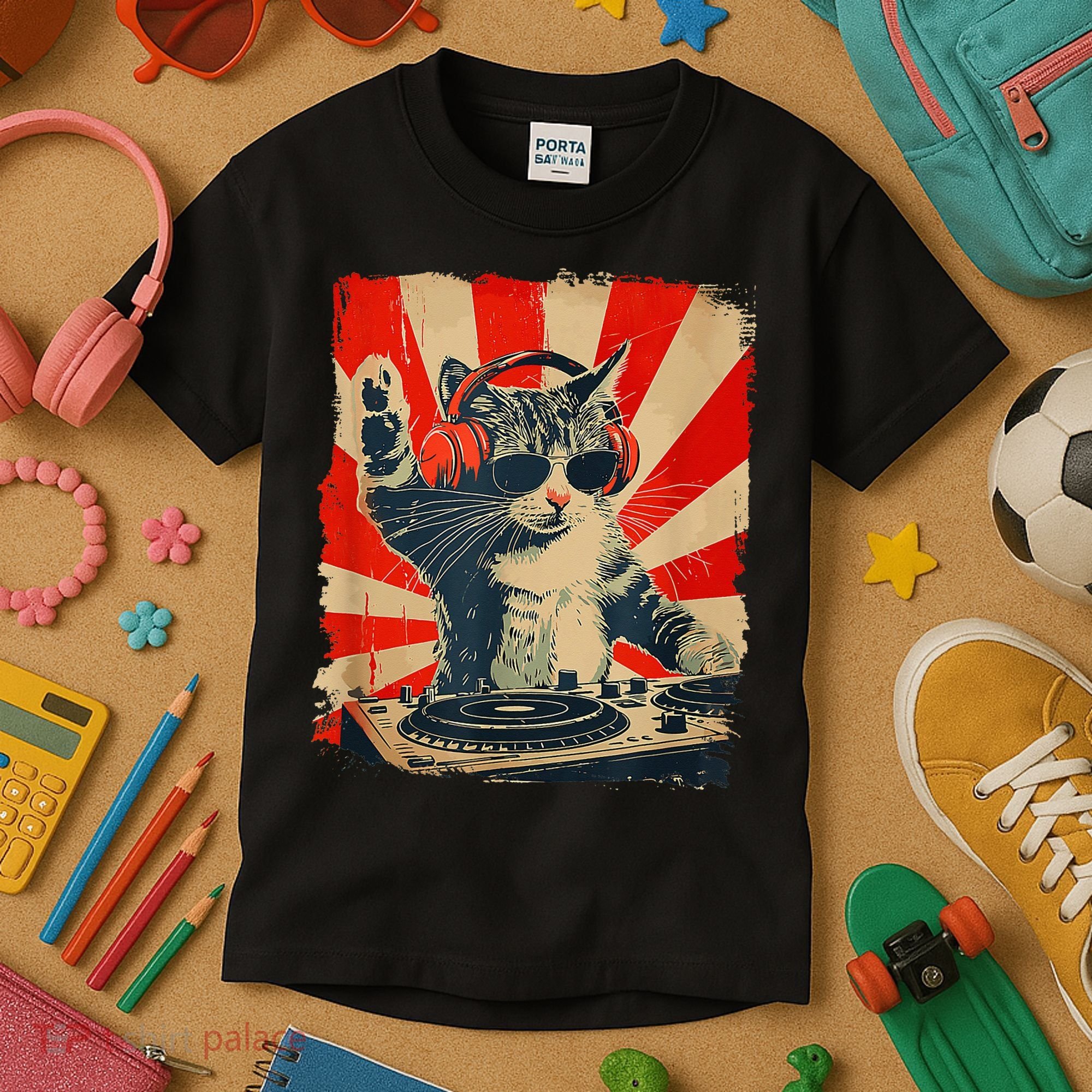Funny Dj Cat Disco Sound Tech Headphone Music Kids T-Shirt
