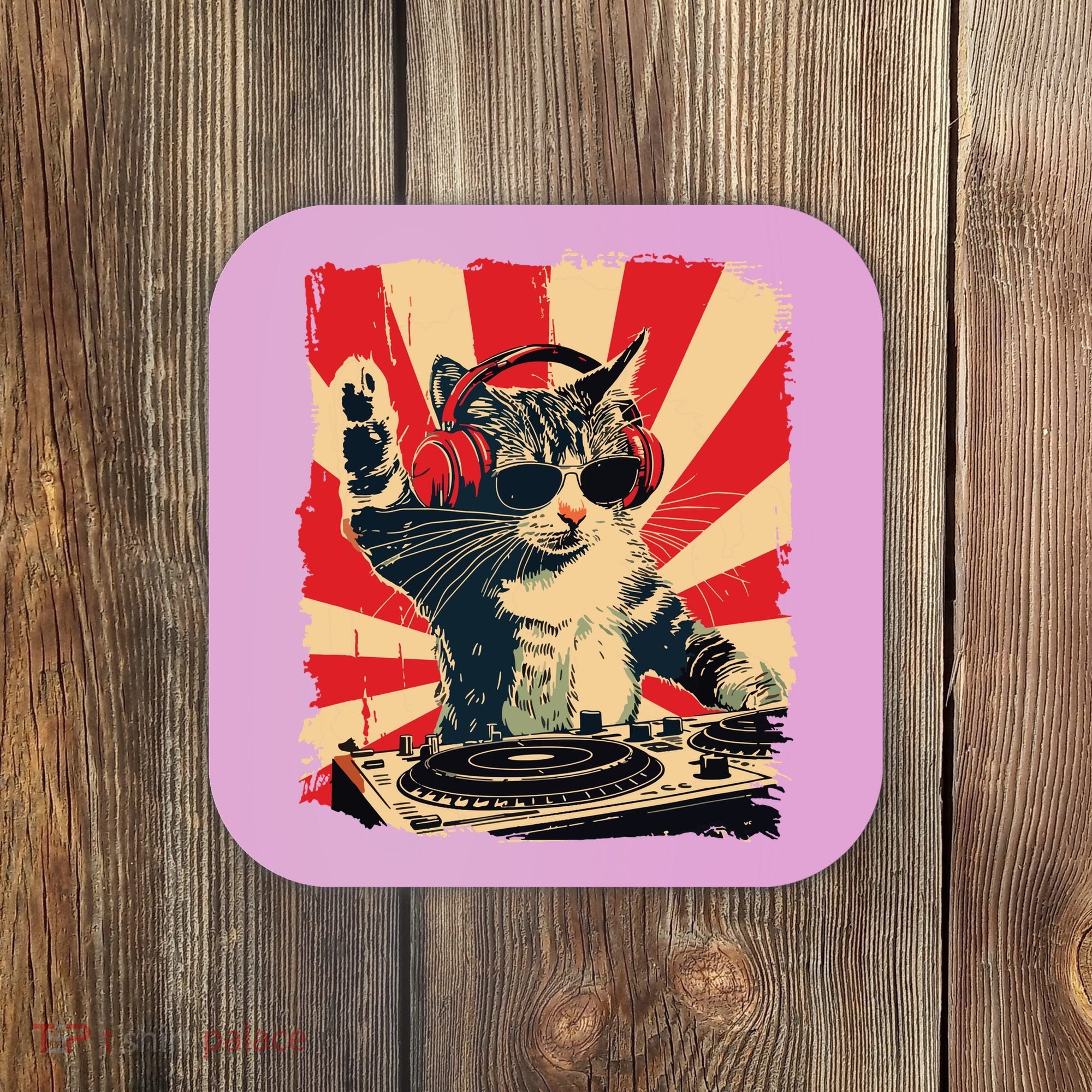 Funny Dj Cat Disco Sound Tech Headphone Music Coaster