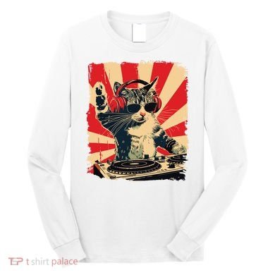Funny Dj Cat Disco Sound Tech Headphone Music Long Sleeve Shirt