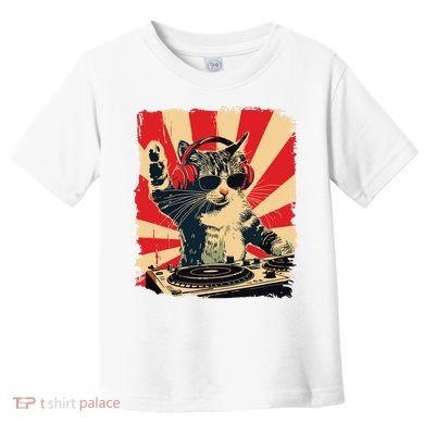 Funny Dj Cat Disco Sound Tech Headphone Music Toddler T-Shirt