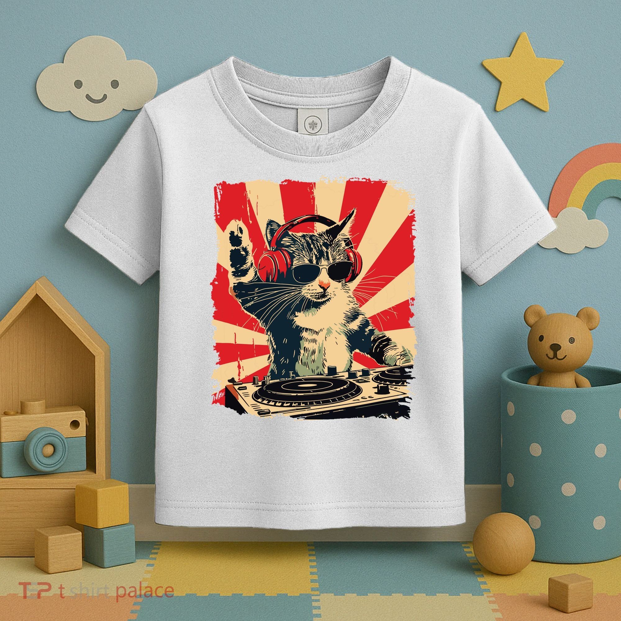 Funny Dj Cat Disco Sound Tech Headphone Music Toddler T-Shirt
