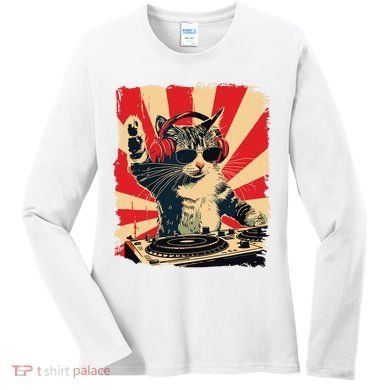 Funny Dj Cat Disco Sound Tech Headphone Music Women's Long Sleeve Shirt