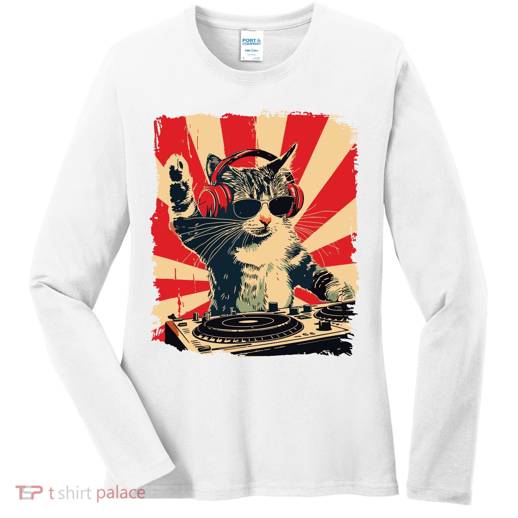 Funny Dj Cat Disco Sound Tech Headphone Music Women's Long Sleeve Shirt