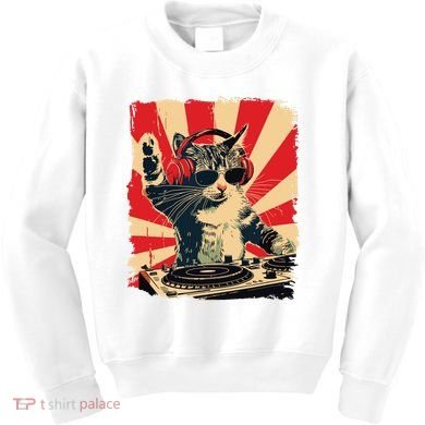 Funny Dj Cat Disco Sound Tech Headphone Music Kids Sweatshirt