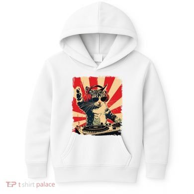 Funny Dj Cat Disco Sound Tech Headphone Music Kids Hoodie