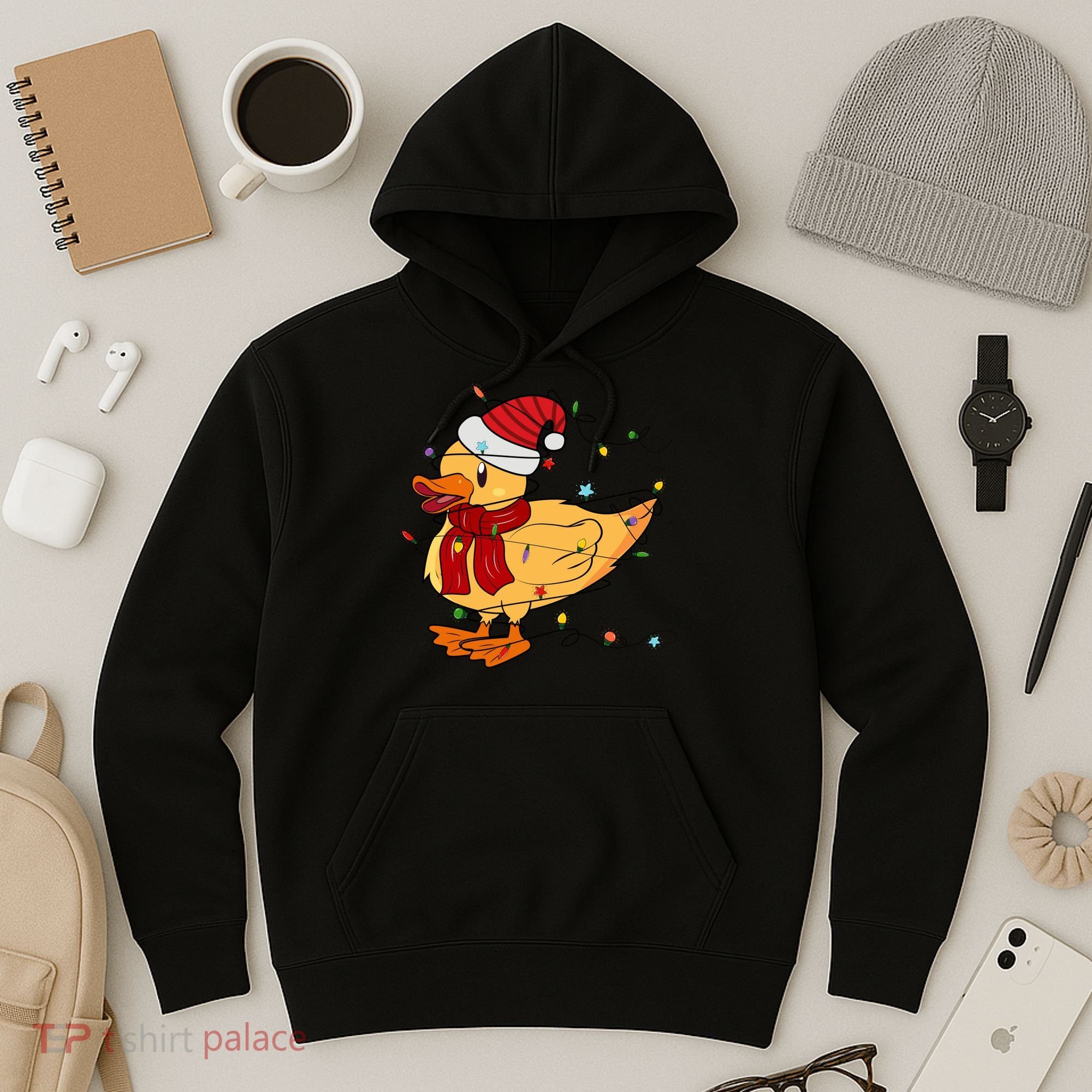 Funny Duck Christmas Lights Gift Santa Hat Xmas Holiday Gift Hoodie