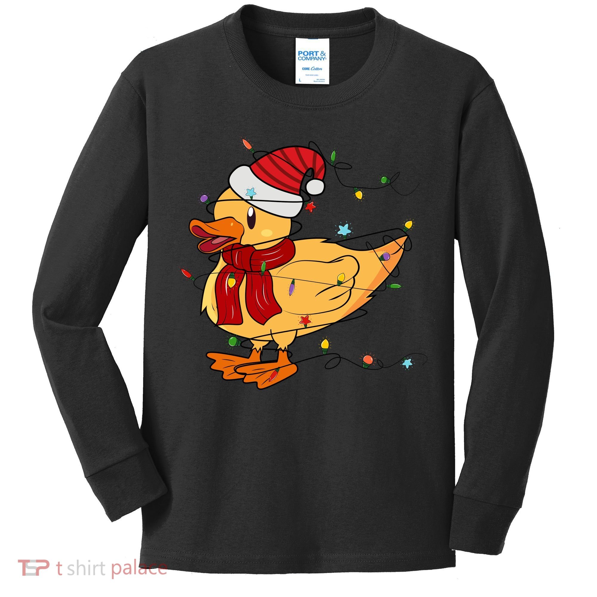 Funny Duck Christmas Lights Gift Santa Hat Xmas Holiday Gift Kids Long Sleeve Shirt