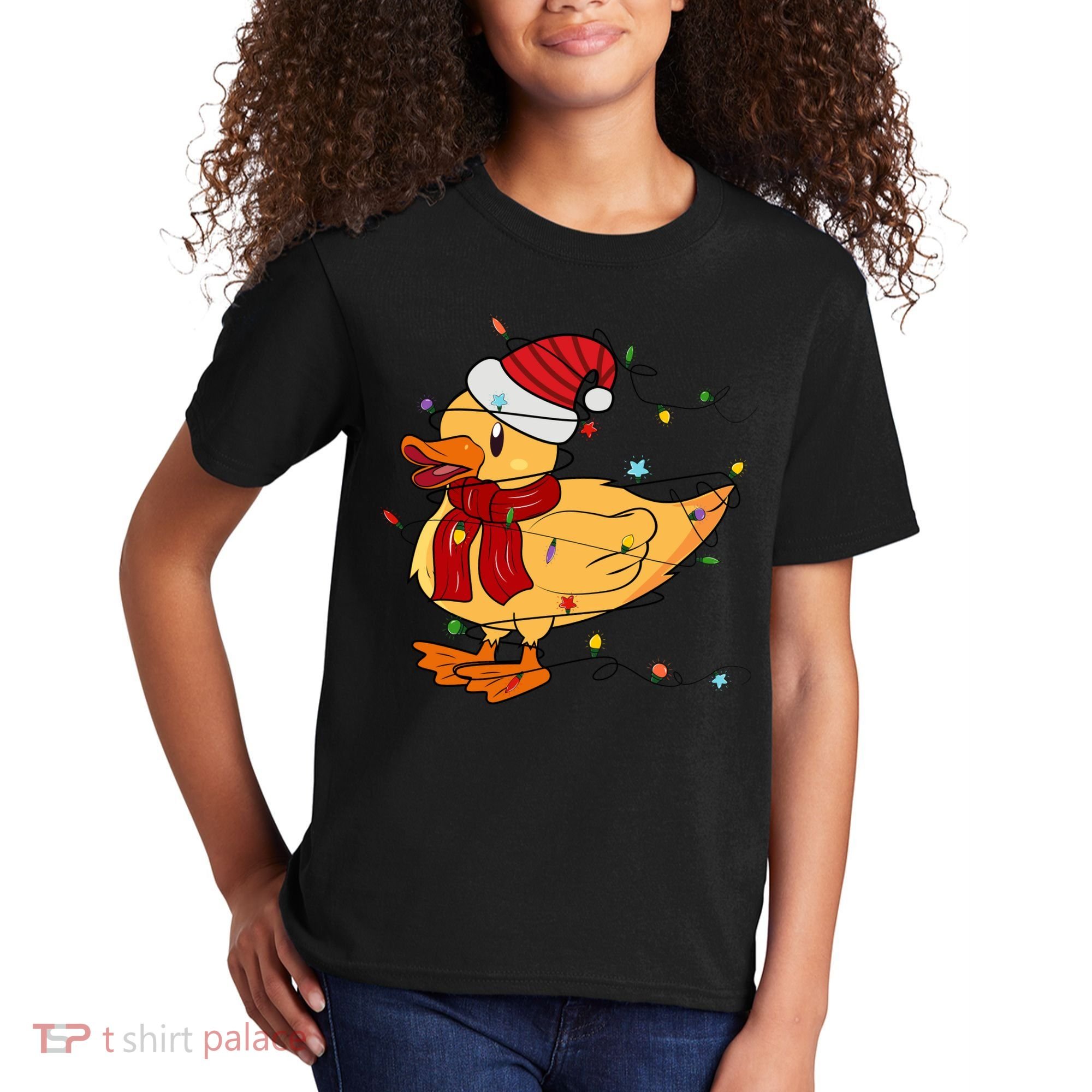 Funny Duck Christmas Lights Gift Santa Hat Xmas Holiday Gift Kids T-Shirt
