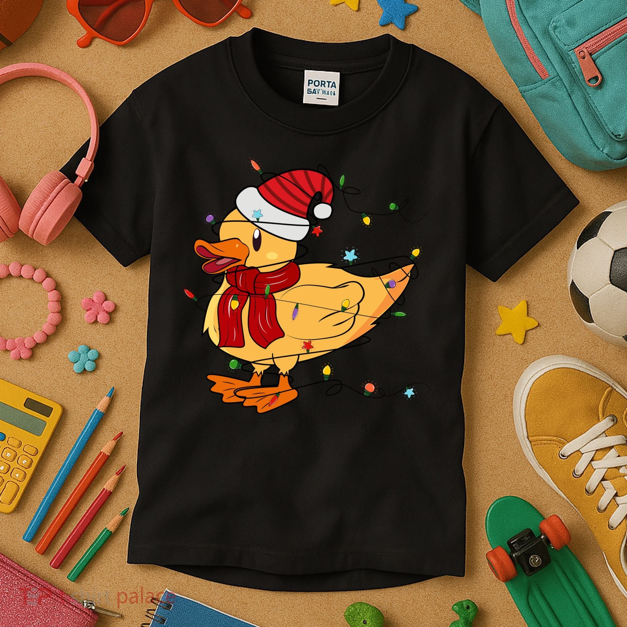 Funny Duck Christmas Lights Gift Santa Hat Xmas Holiday Gift Kids T-Shirt