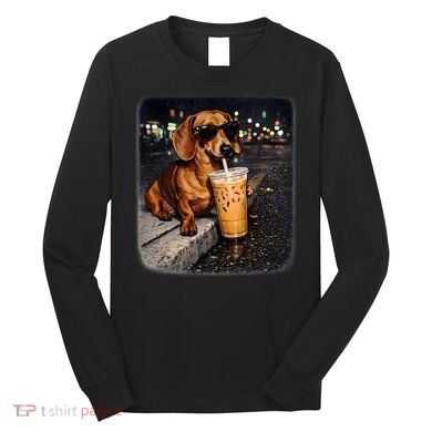 Funny Dachshund Drinking Iced Coffee Long Sleeve Shirt