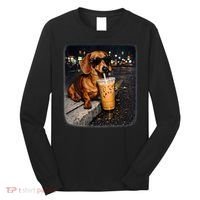 Funny Dachshund Drinking Iced Coffee Long Sleeve Shirt thumb 0