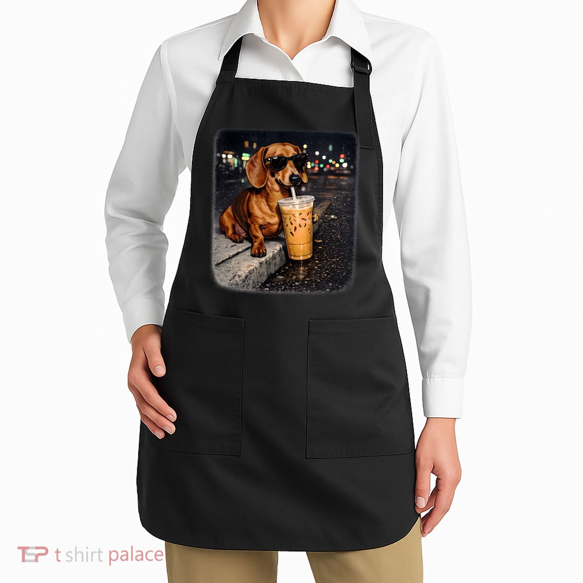 Funny Dachshund Drinking Iced Coffee Apron