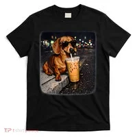 Funny Dachshund Drinking Iced Coffee T-Shirt thumb 0