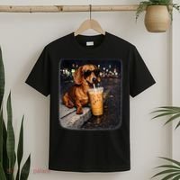 Funny Dachshund Drinking Iced Coffee T-Shirt thumb 2