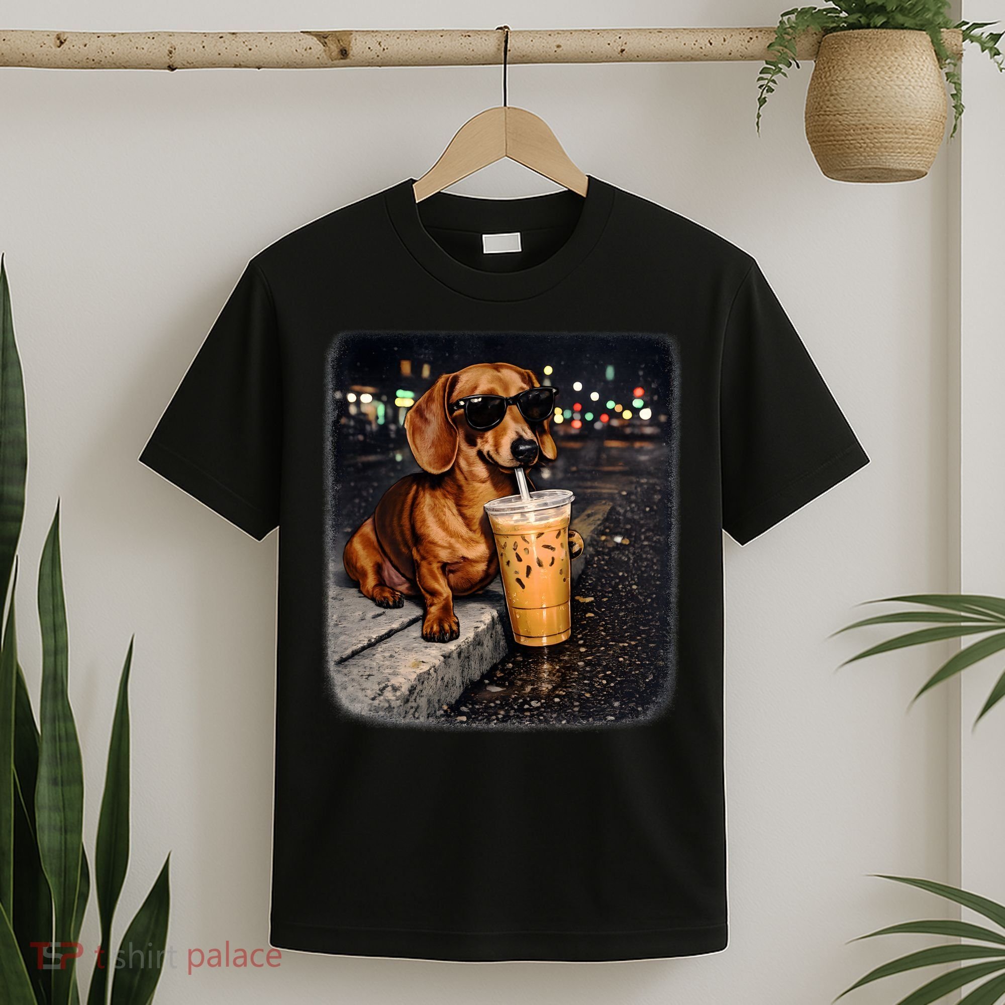 Funny Dachshund Drinking Iced Coffee T-Shirt