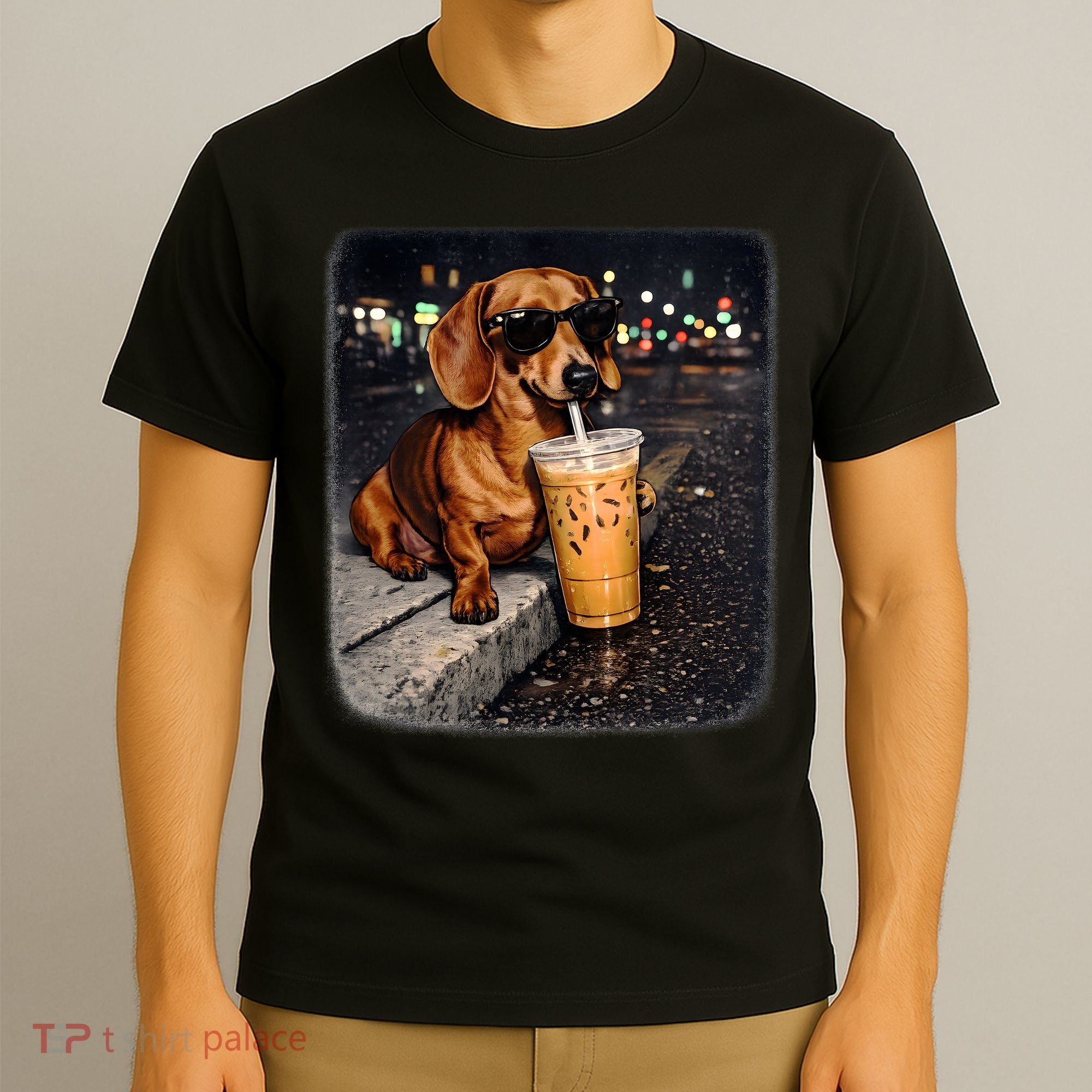 Funny Dachshund Drinking Iced Coffee T-Shirt