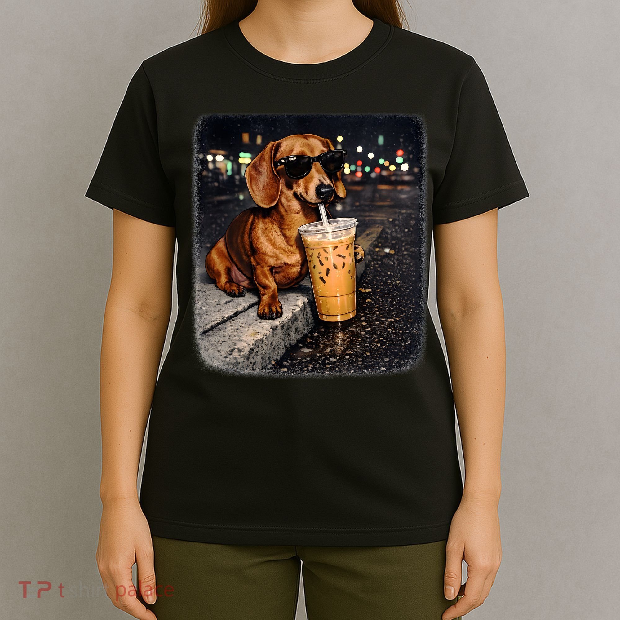 Funny Dachshund Drinking Iced Coffee T-Shirt