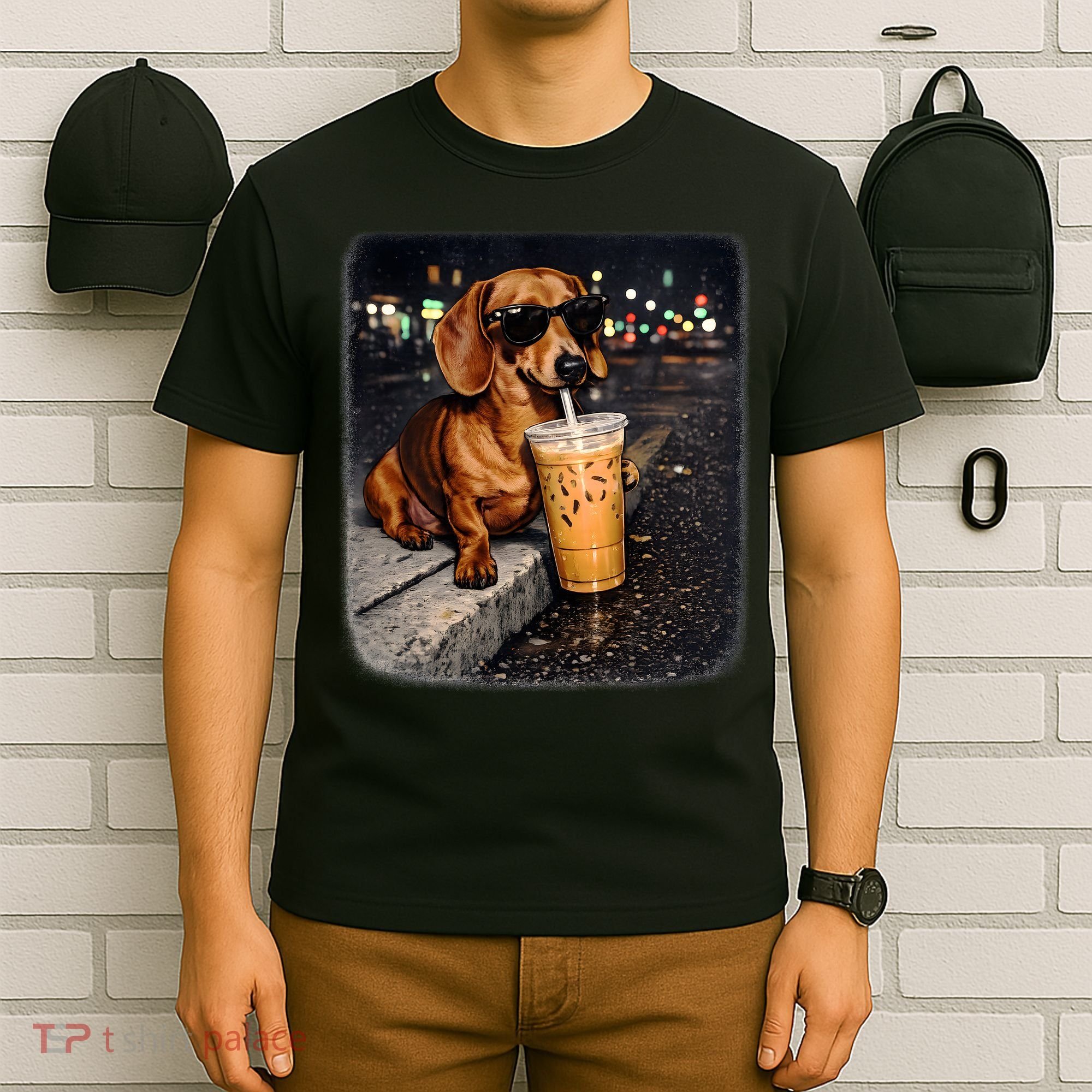 Funny Dachshund Drinking Iced Coffee T-Shirt