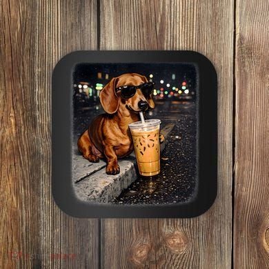 Funny Dachshund Drinking Iced Coffee Coaster