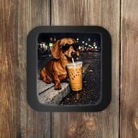 Funny Dachshund Drinking Iced Coffee Coaster thumb 0
